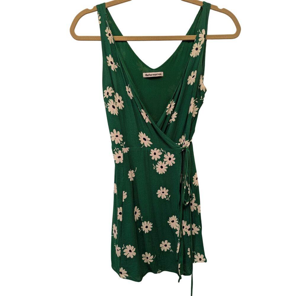 Reformation Dazed Floral Printed Mini Wrap Dress Green Cottagecore Summer Casual